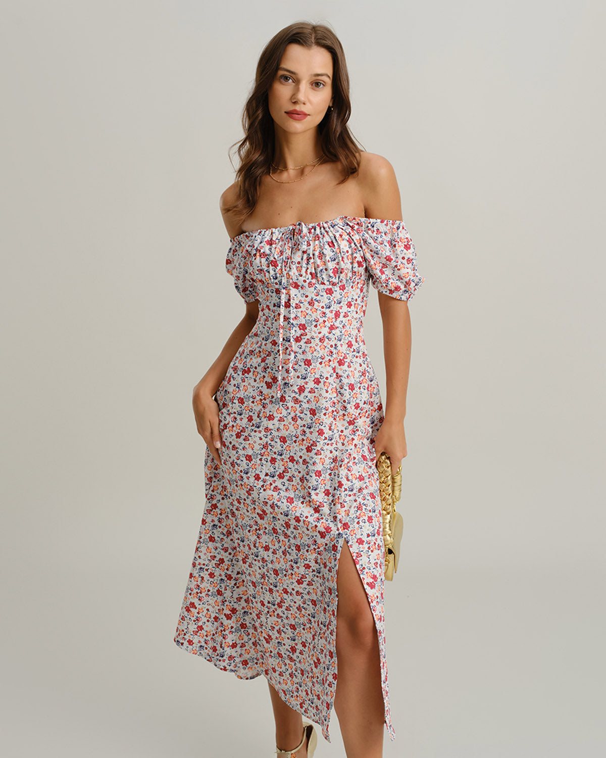 Grey Floral Square Neck Puffed Sleeve Midi Dress