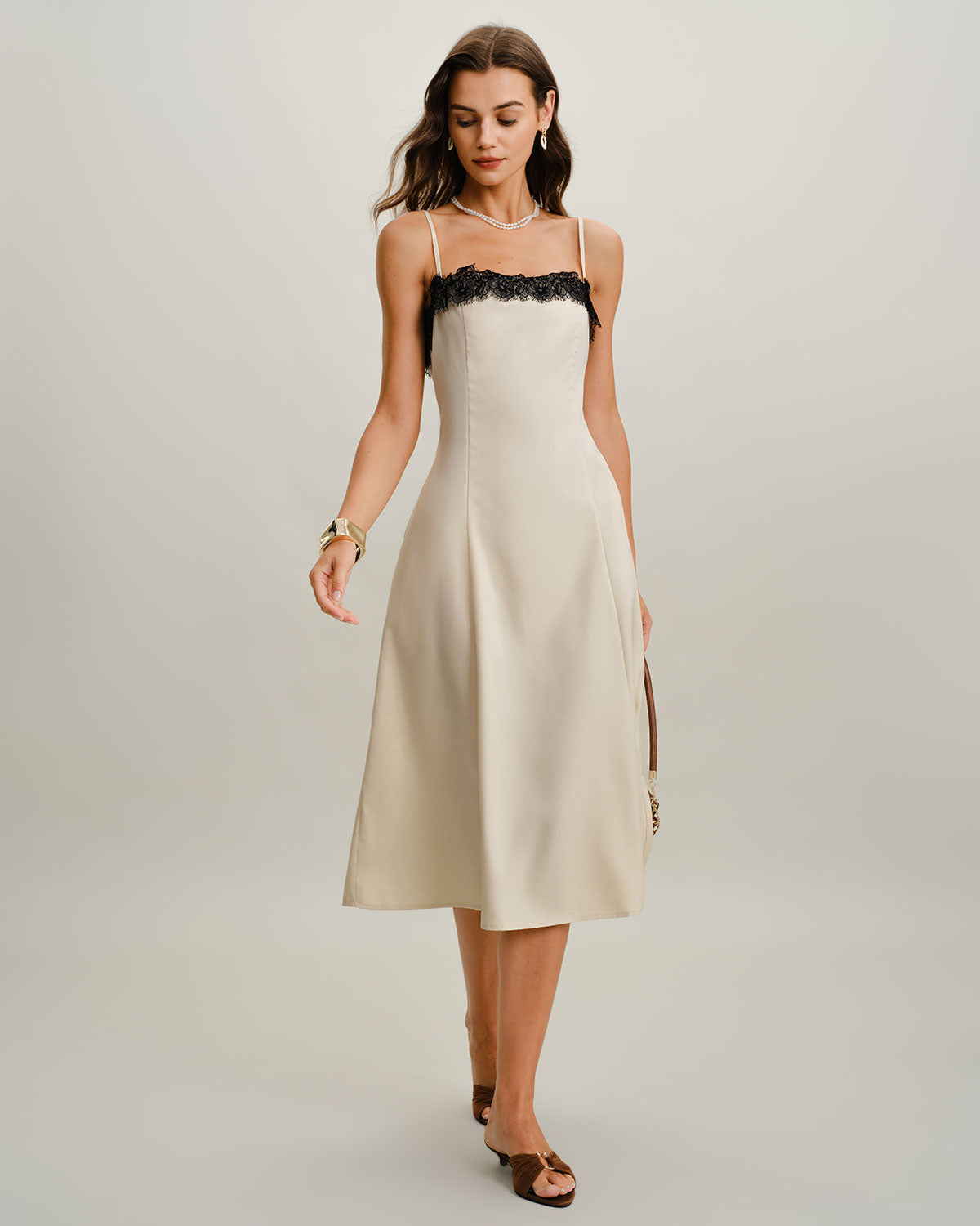 White Lace Contrasting Slip Midi Dress