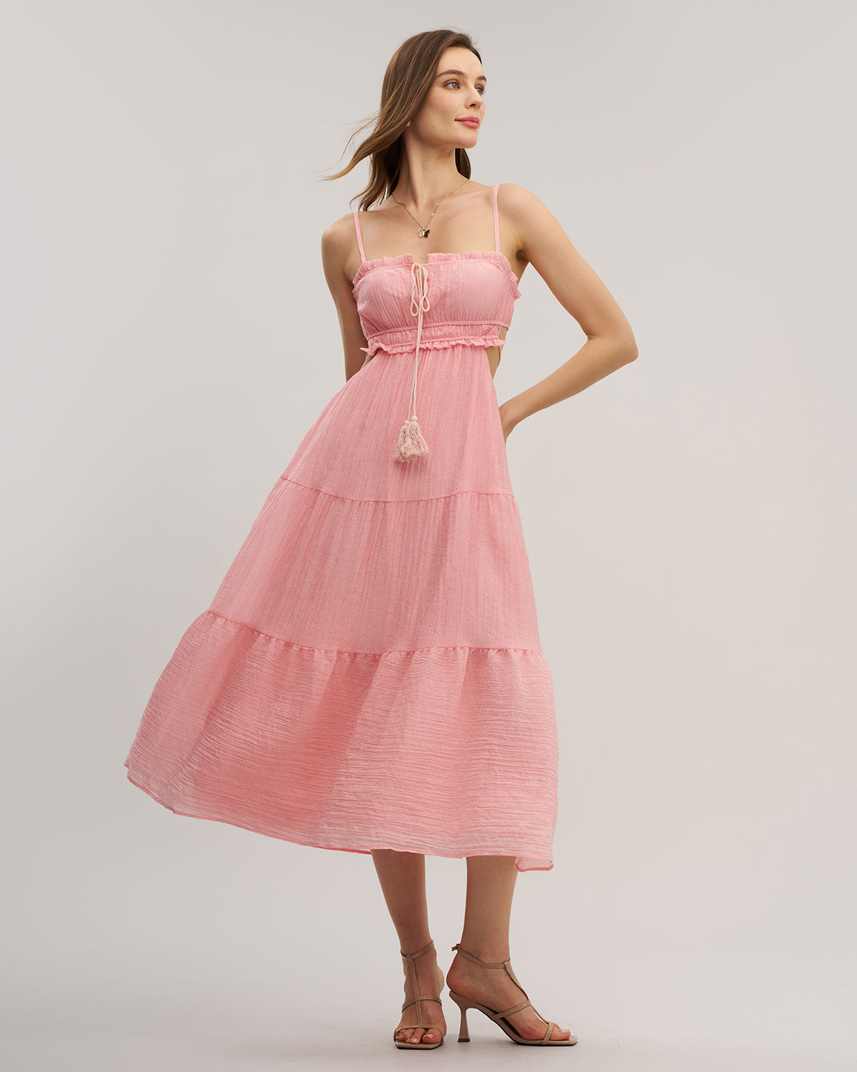 Pink Ruffle Slip Midi Dress