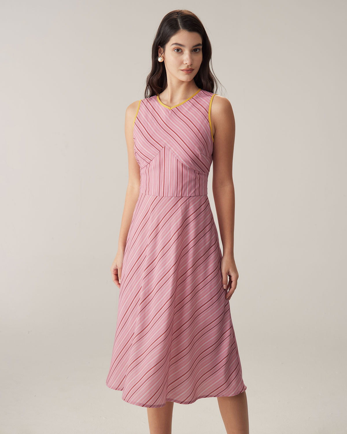 Pink Striped V Neck Sleeveless Midi Dresses