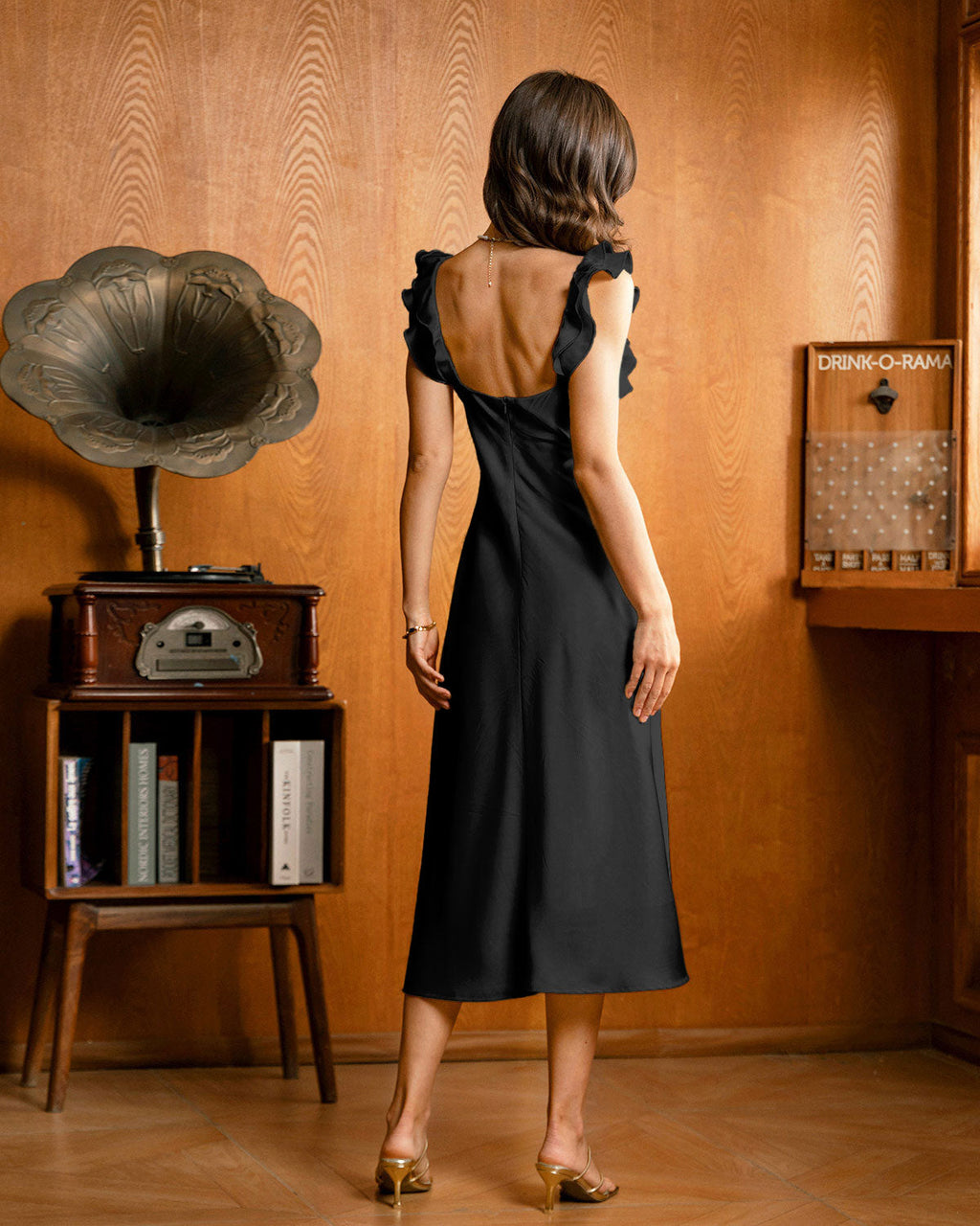 Black Ruffle Square Neck Slip Midi Dress
