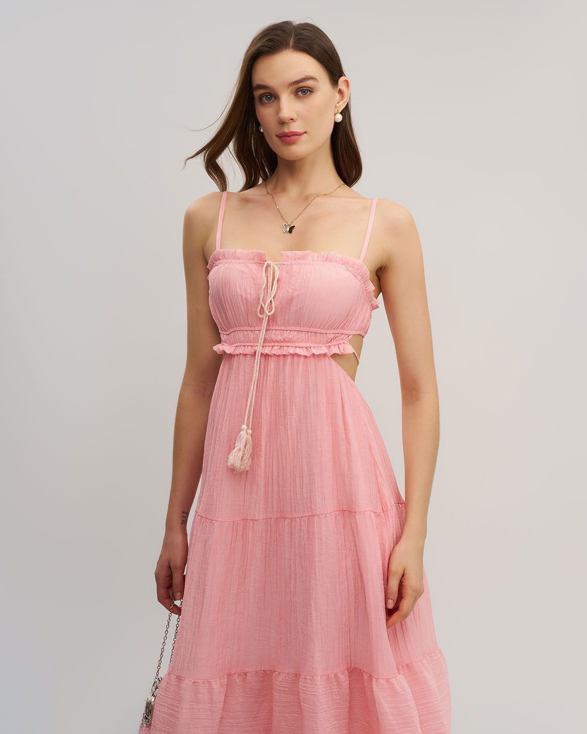 Pink Ruffle Slip Midi Dress