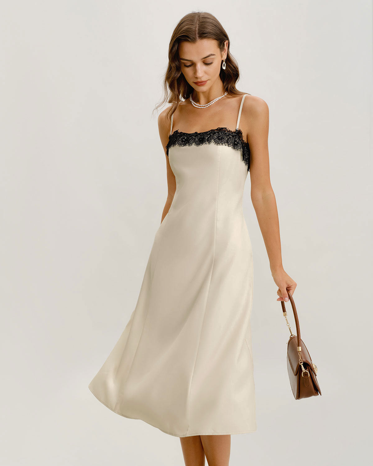 White Lace Contrasting Slip Midi Dress