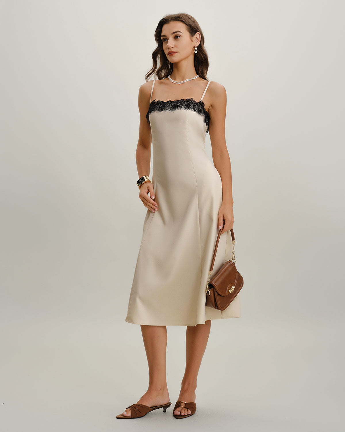 White Lace Contrasting Slip Midi Dress