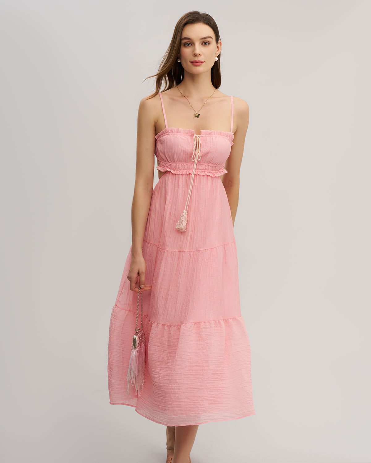 Pink Ruffle Slip Midi Dress