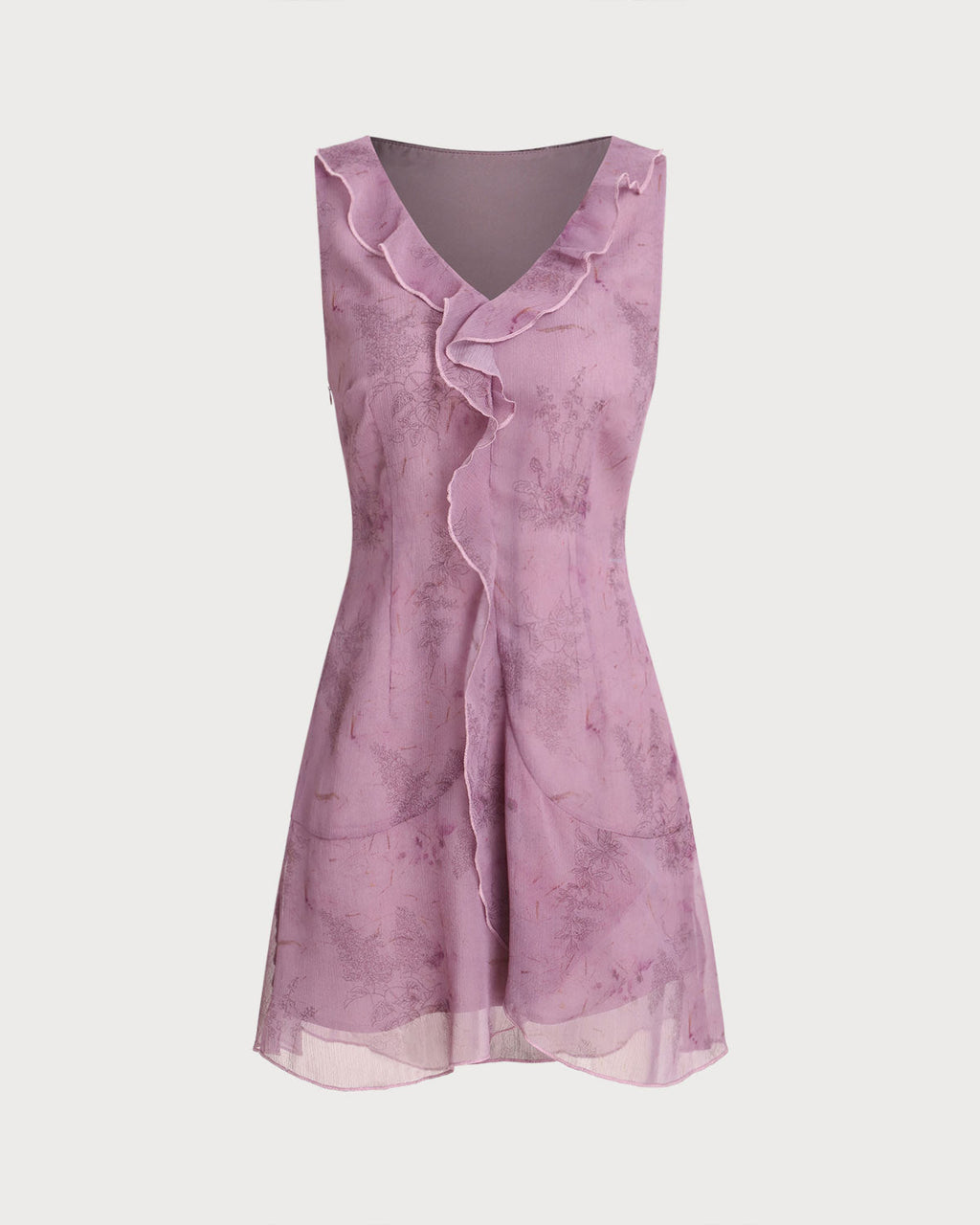 Purple Floral V Neck Ruffle Sleeveless Mini Dress