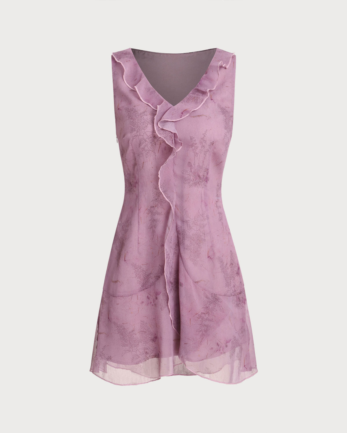 Purple Floral V Neck Ruffle Sleeveless Mini Dress