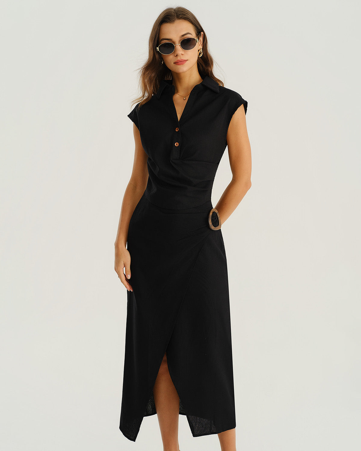 Black Cowl Sleeve Button Blouse
