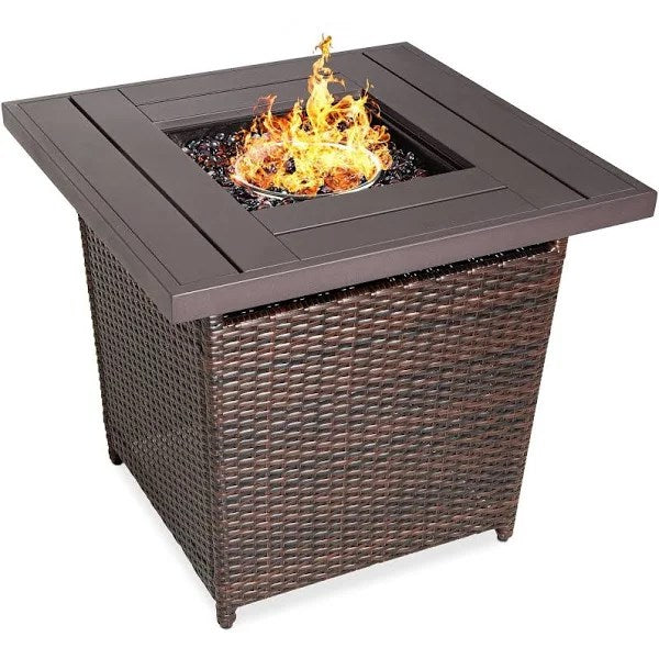 Best Choice Products 28in Propane Gas Fire Pit Table 50,000 BTU Outdoor Wicker Glass Beads, Tank Holder Brown
